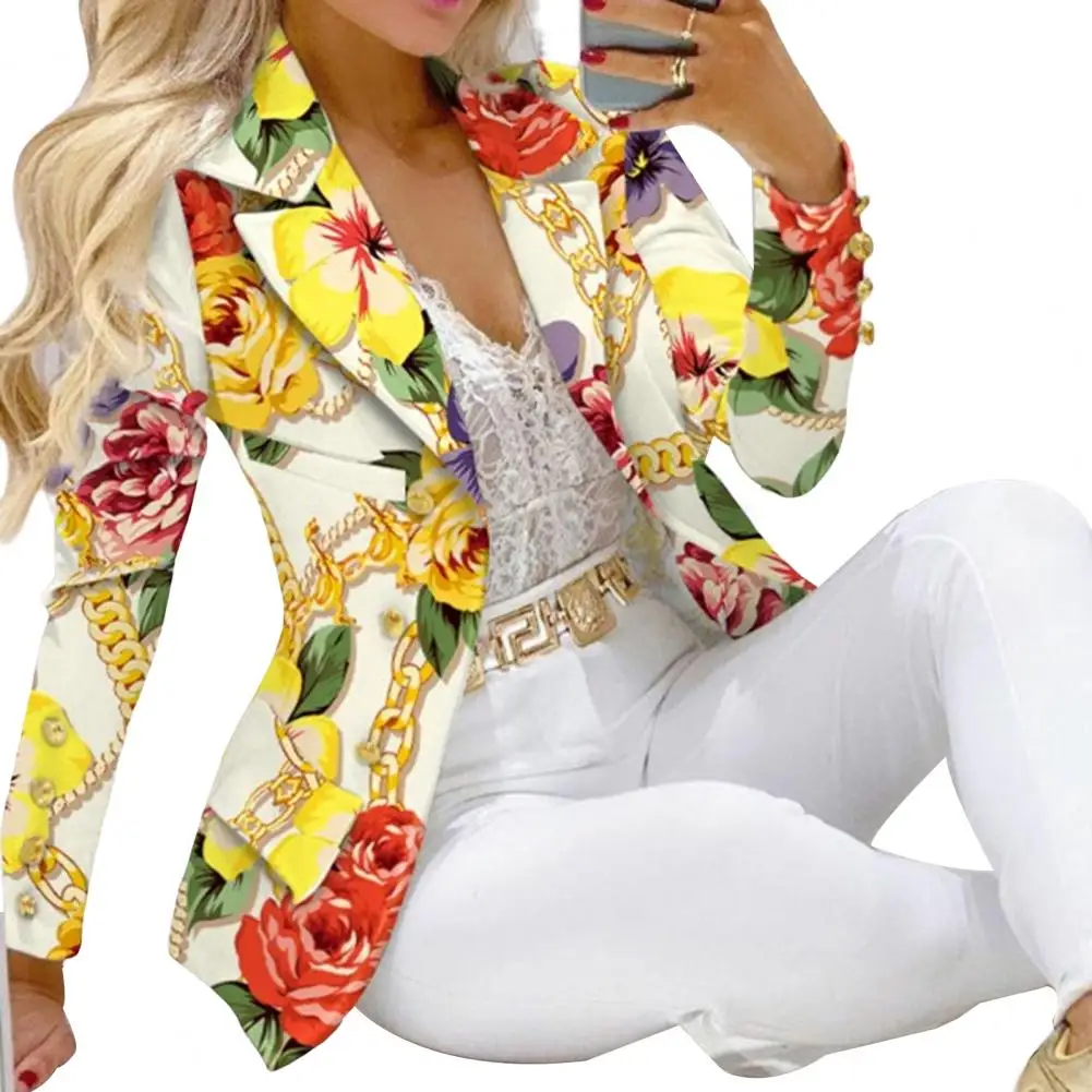 

Small Suit Coat Lapel Women Blazer Metal Buttons Placket Printing Office Lady Suit Jacket