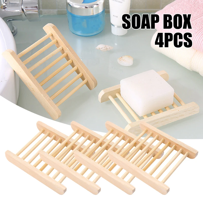 Natural Environmen Set Of 4 Bamboo Soap Dish Simple Design Soap Holder Slotted Draining Soap Tray For Bathroom Kitchen Container