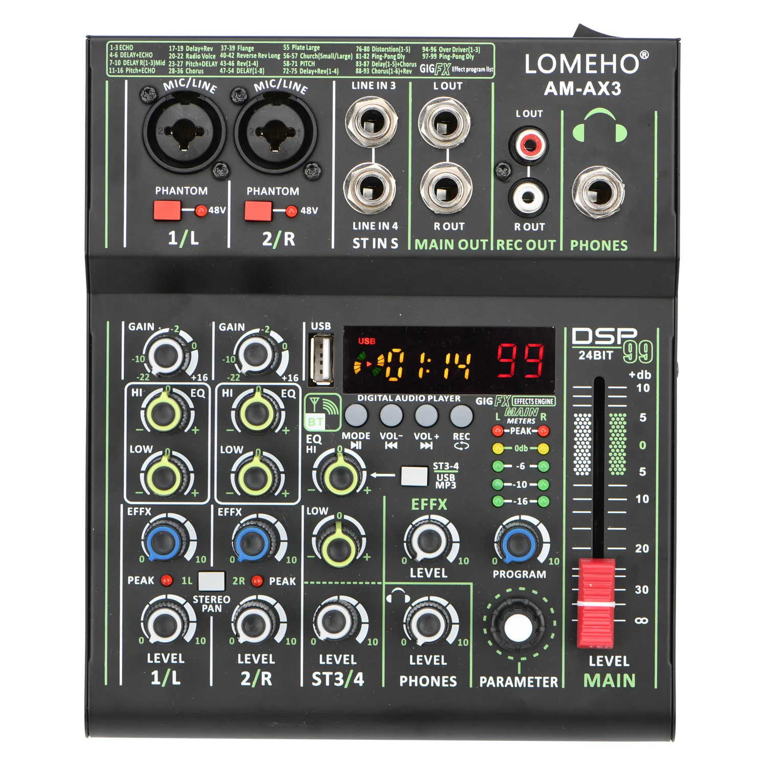 

99 DSP Effects Audio Mixer Mini Portable 4 Channels USB Play Record Individual +48V Phantom Power Sound Mixing Console AM-AX3