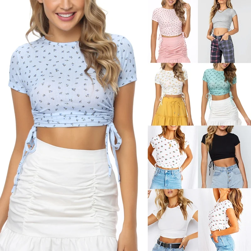

Women's Cute Crop Tops Short Sleeve Printing Drawstring Pleated Tight T-Shirt Summer Slim Tops