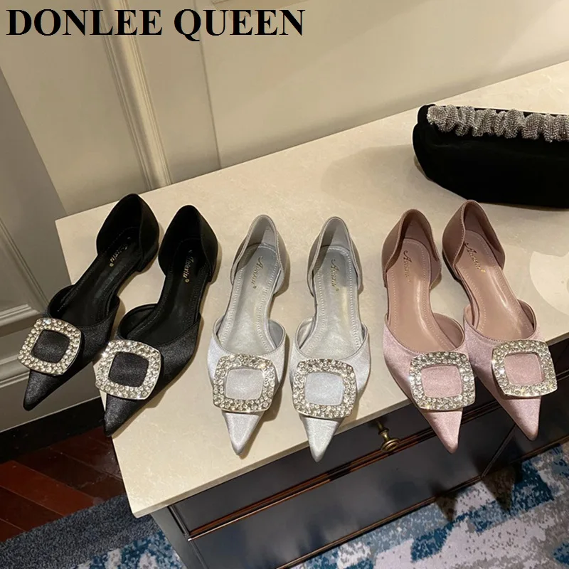 

Women Flats Shoes Pointed Toe Rhinestones Square Buckle Mules Ladies Ballerina New Fashion Crystal Hollow Sandals Big Size 35-42