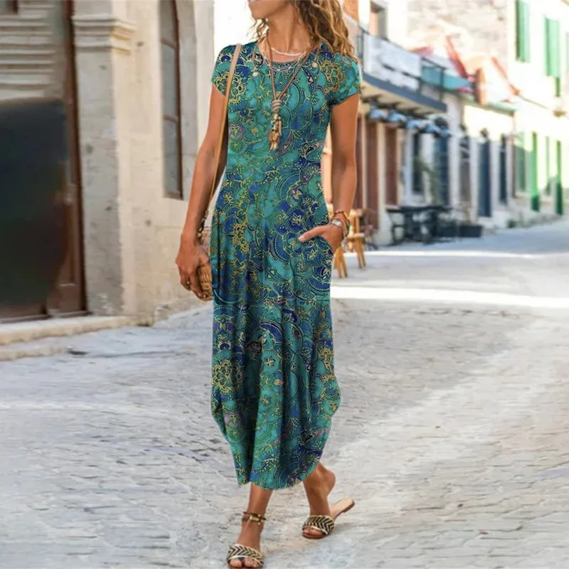 Summer Women Floral Print Casual Dress Short Sleeve Robe Vestido New Slim Long Bohemian Dresses A-Line for Women 2023 Robe Femme