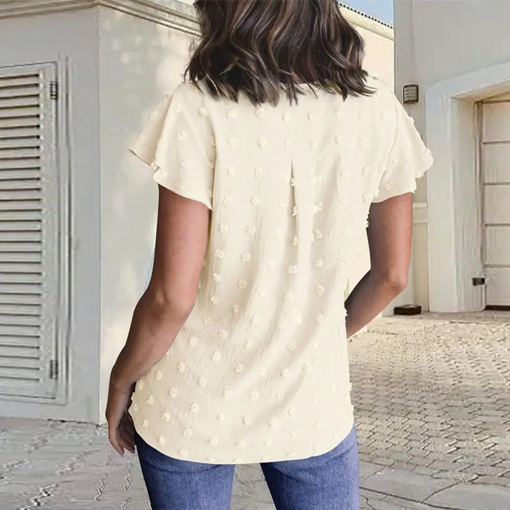 

Women Blouse Chic Women's V-neck Ruffle Tops Stylish Jacquard Short Sleeve Pullovers for Effortless Streetwear Fashion V-neck