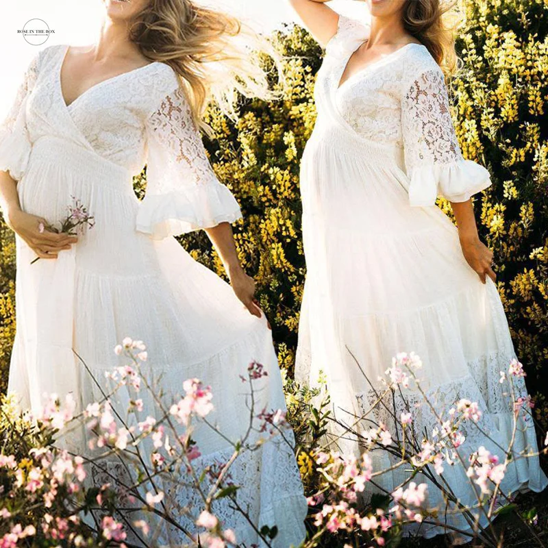 

Boho Wedding Dresses For Pregnant 2022 Vestidos de Novia V Neck 3/4 Long Sleeves Lace Bridal Gowns Maternity Women Robe De Marié
