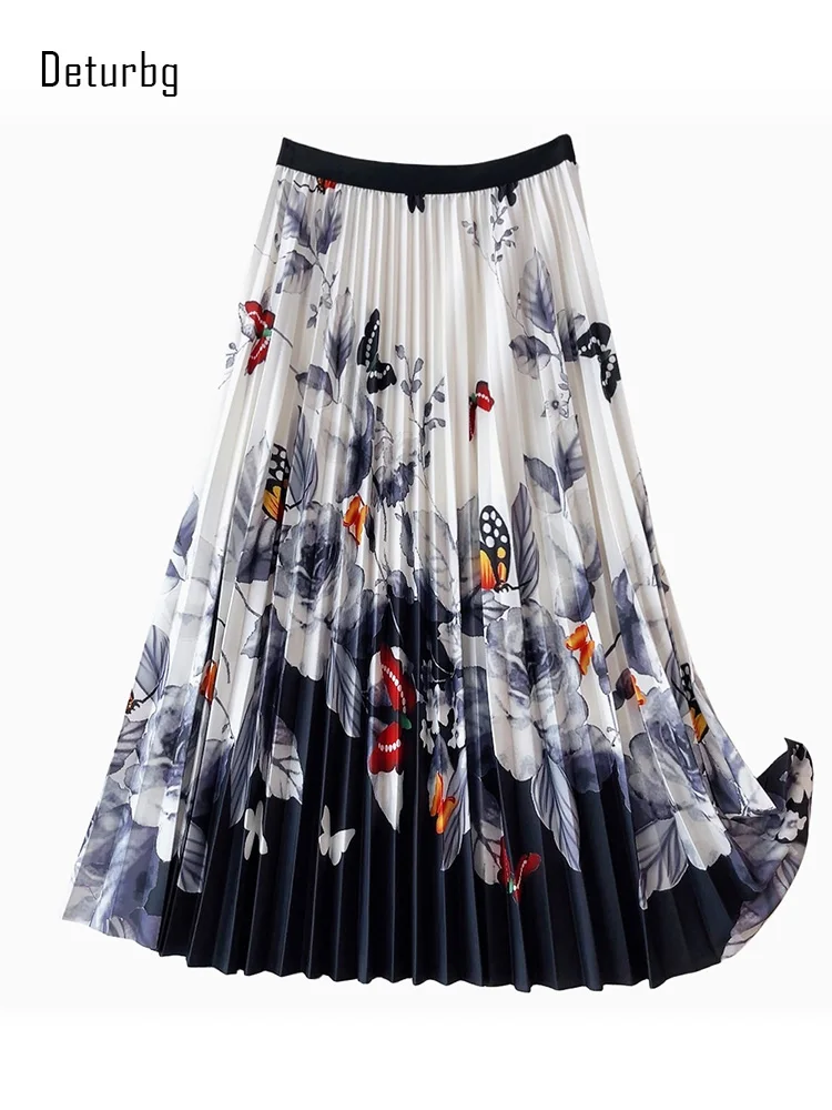

Women's Vintage Butterfly Print Floral Skirt Elastic High Waist Pleated Slim Midi A-Line Skirts Faldas Mujer 2023 Autumn K344