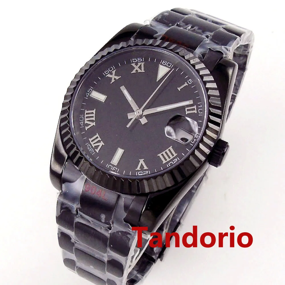 

36mm/39mm Black Sterile Dial Fluted Bezel Sapphire Crystal NH35A PT5000 Miyota Movement Automatic Black PVD Men's Watch Luminous