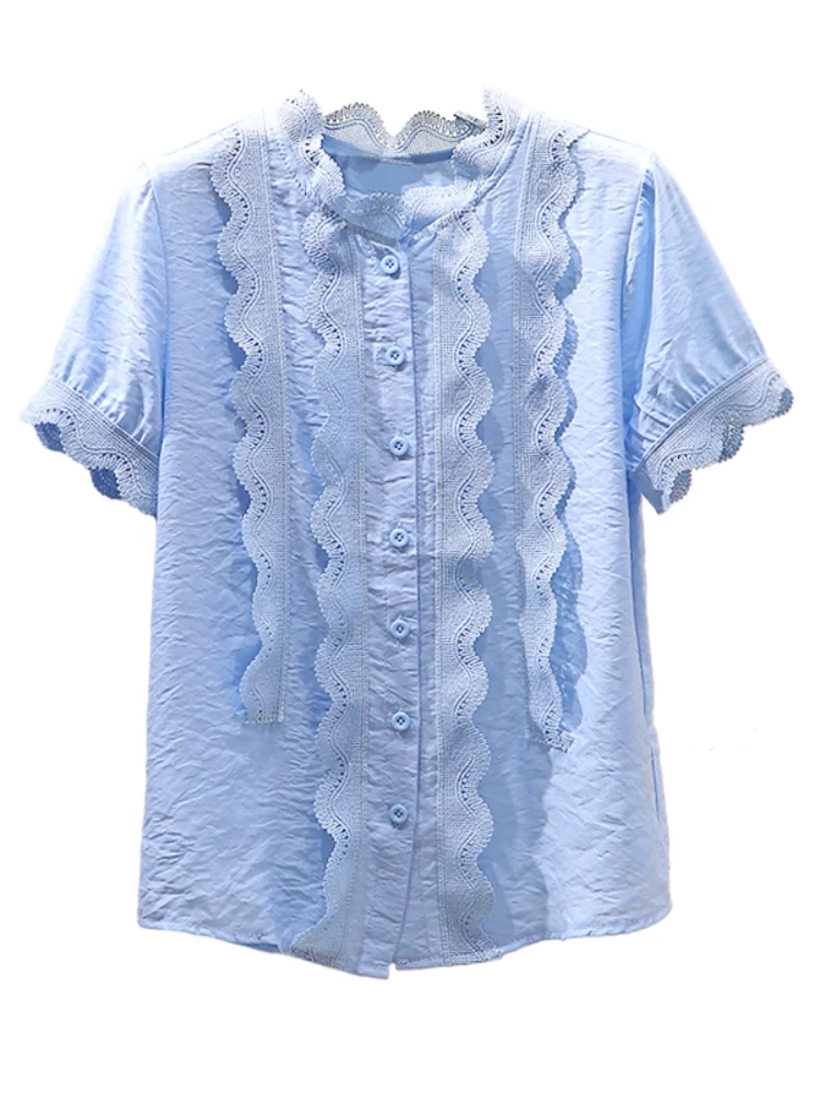 Fashion Design Patchwork Lace Cotton Women Shirts All Match Solid Blue O-neck Office Lady Elegant Shirts Outwear Tops enlarge