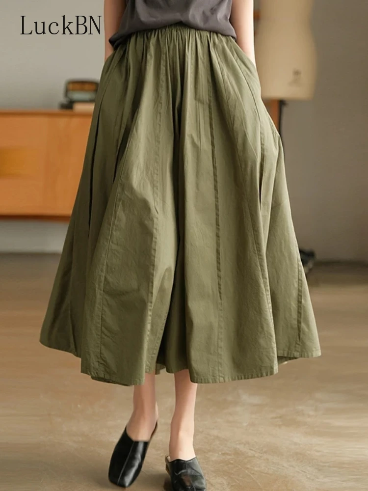 

Cotton Pleated Skirts Casual Elastic Waist 2022 New Women Loose All-match Vintage Elegant A-Line Skirts Korean Fashion Clothing