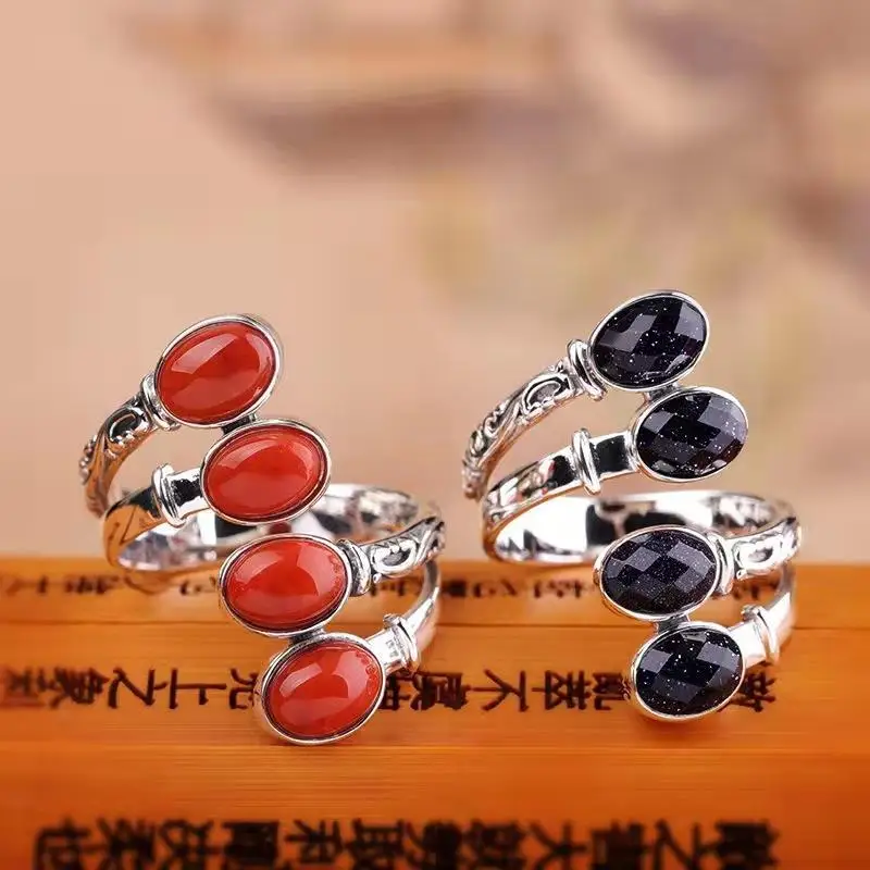 

S925 Sterling Silver Vintage Thai Silver Inlaid with Natural South Red Agate Blue Sand Stone Fashion Open Women's Ring Shadow