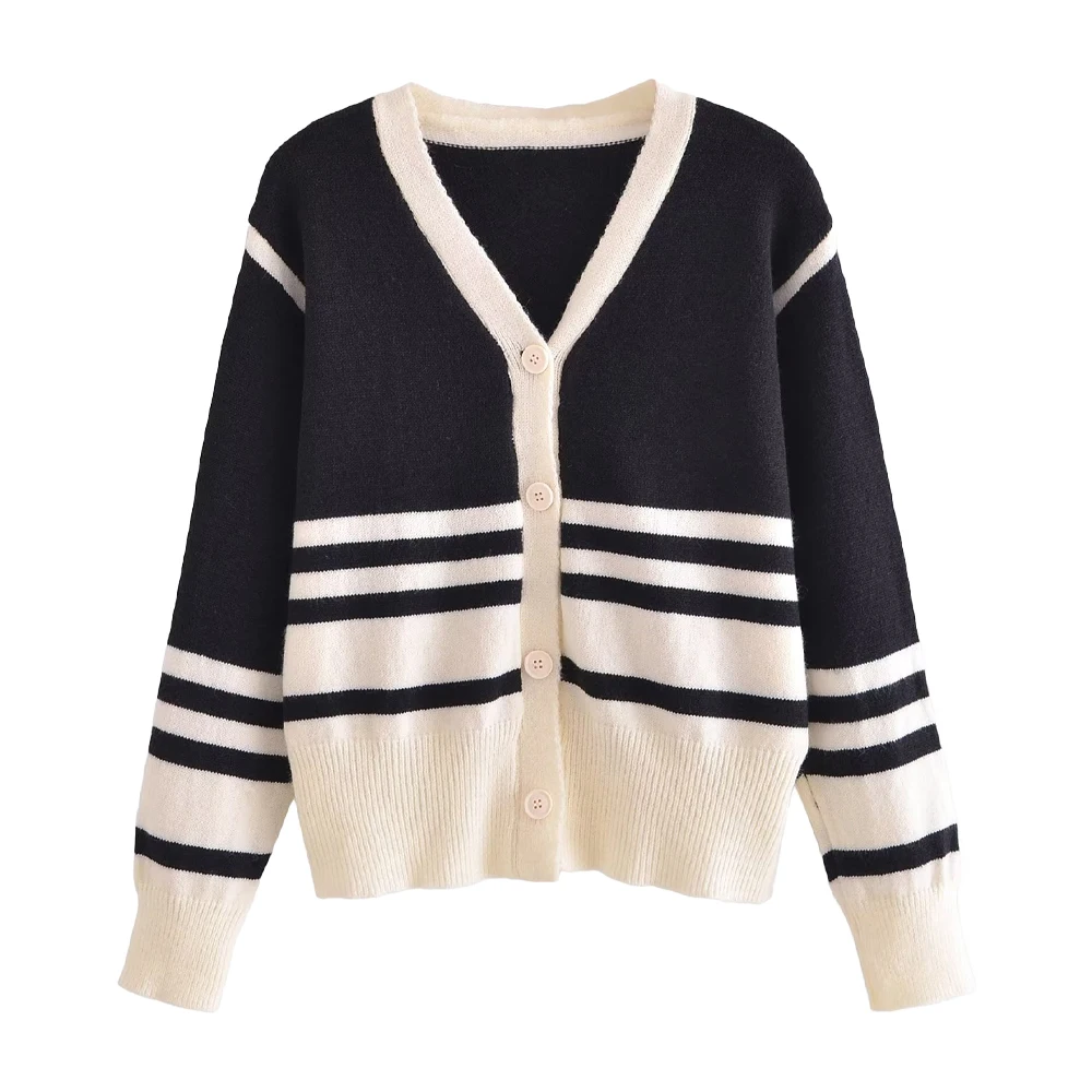 

Women's Fashion New Black and White Striped College Knit Cardigan Casual V-Neck Button Long Sleeve Female Chic Sweater Mujer