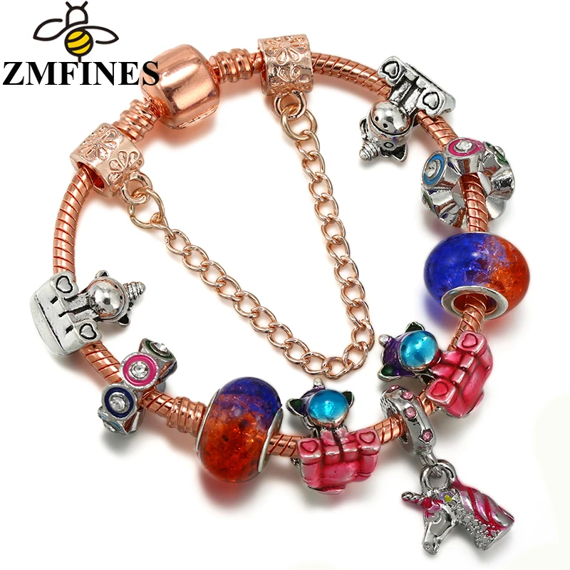 

Colorful Enamel Unicorn Beads Pendant DIY Snake Chain Charm Bracelet For Women Party High Quality Jewelry Gifts Wholesale
