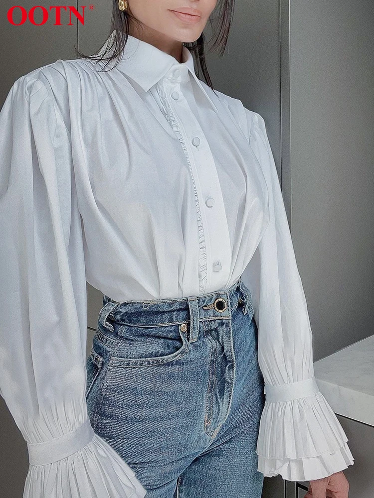 

OOTN Elegant Puff Sleeve White Shirts Female Street Chic Ruffles Turn Down Collar Blouse Women Casual Long Sleeve Lady Tops 2023