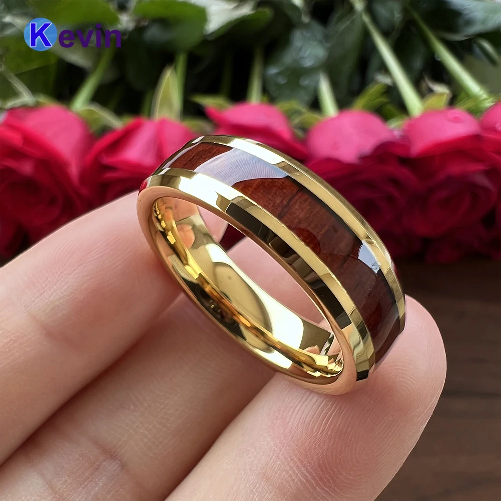 

8MM 6MM Gold Wedding Band Tungsten Red Sandalwood Inlay Ring With Beveled Polished Finish Comfort Fit