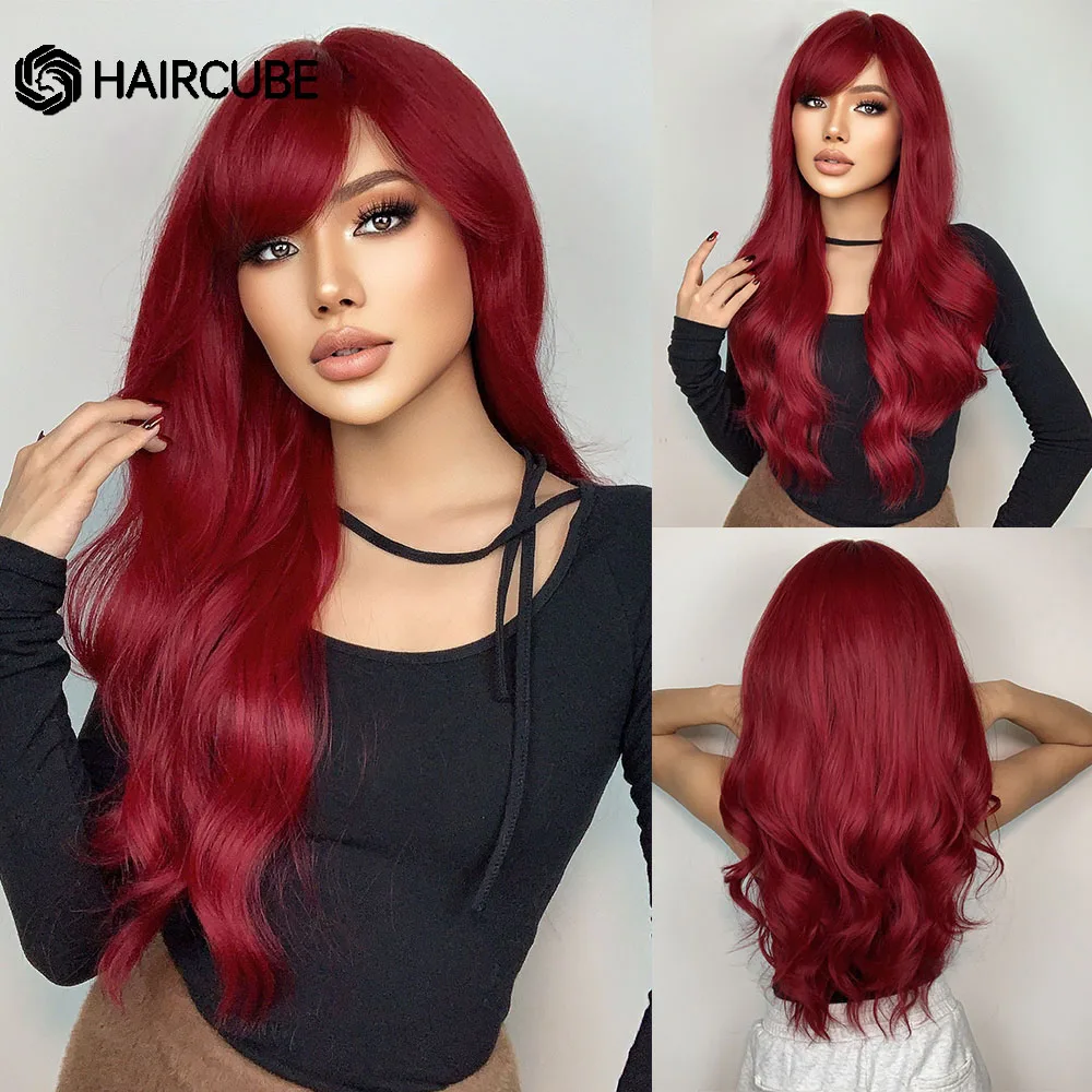 

HAIRCUBE Long Wavy Red Synthetic Wigs for Women With Bangs Natural Curly Hair Cosplay Party Heat Resistant Fiber Wigs