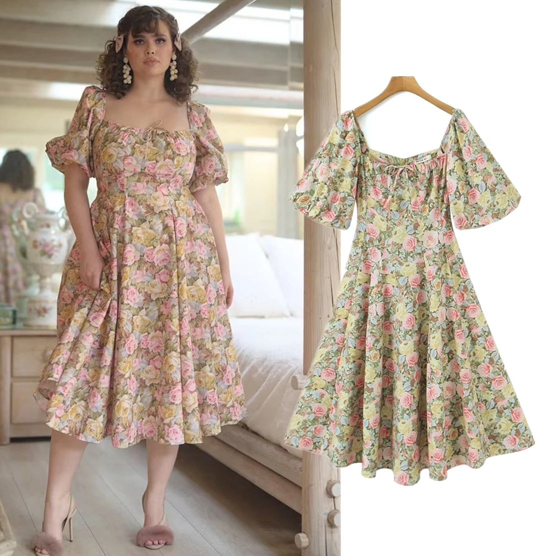 

Jenny&Dave Floral Printing Cotton Casual Summer Dress Women Bohemian Style Vintage Square Collar Maxi Dress