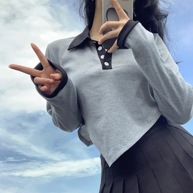 

Lapel Contrast Color Irregular Korean Fashion T-shirt Women's Autumn 2021 New Long-sleeved Top Basic Streetwear T-shirt Fashion