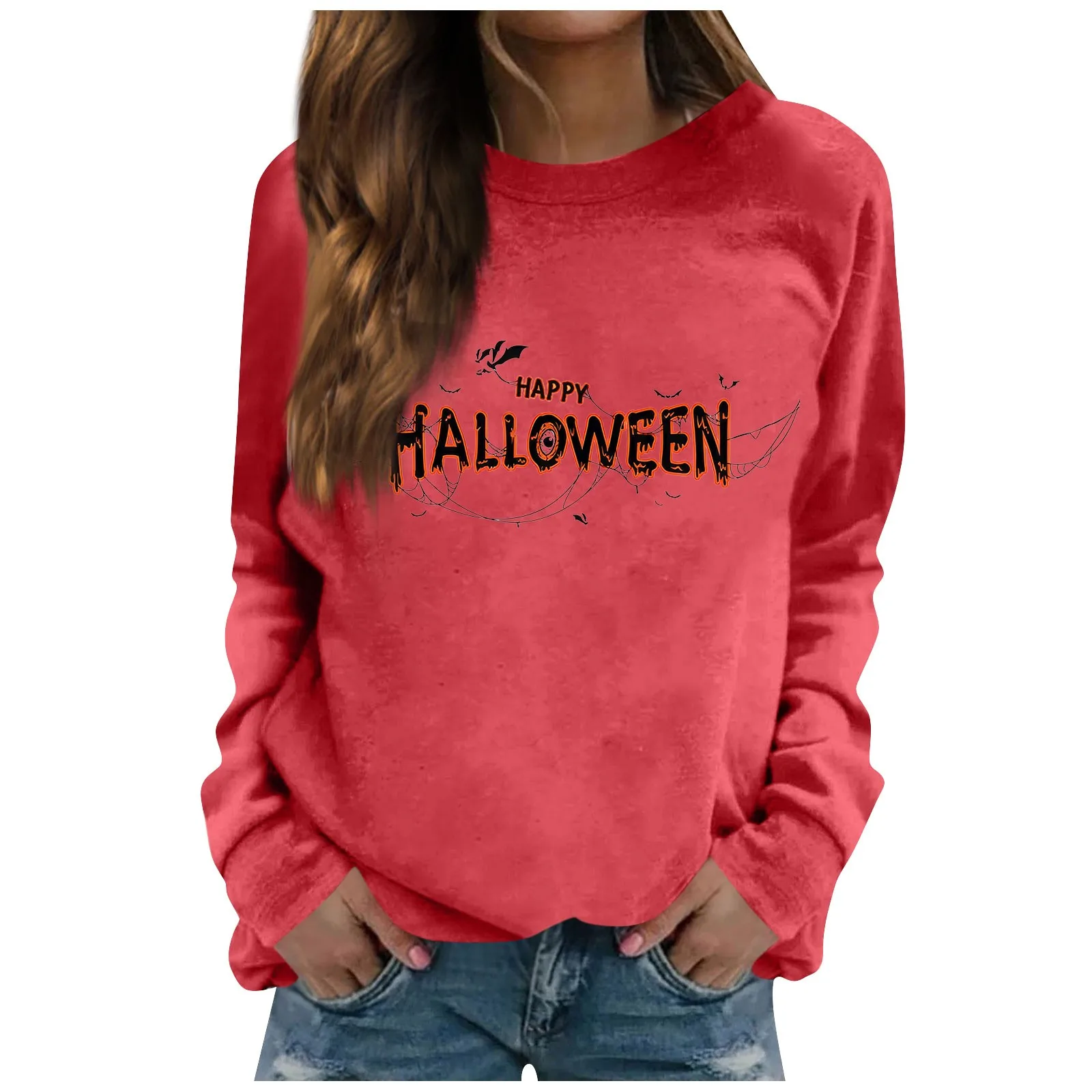 

Women's tops Halloween Cute 90s Casual Fun letter Print Cartoon Pattern T-shirt Fashion long Sleeve Casual round neck T-shirt