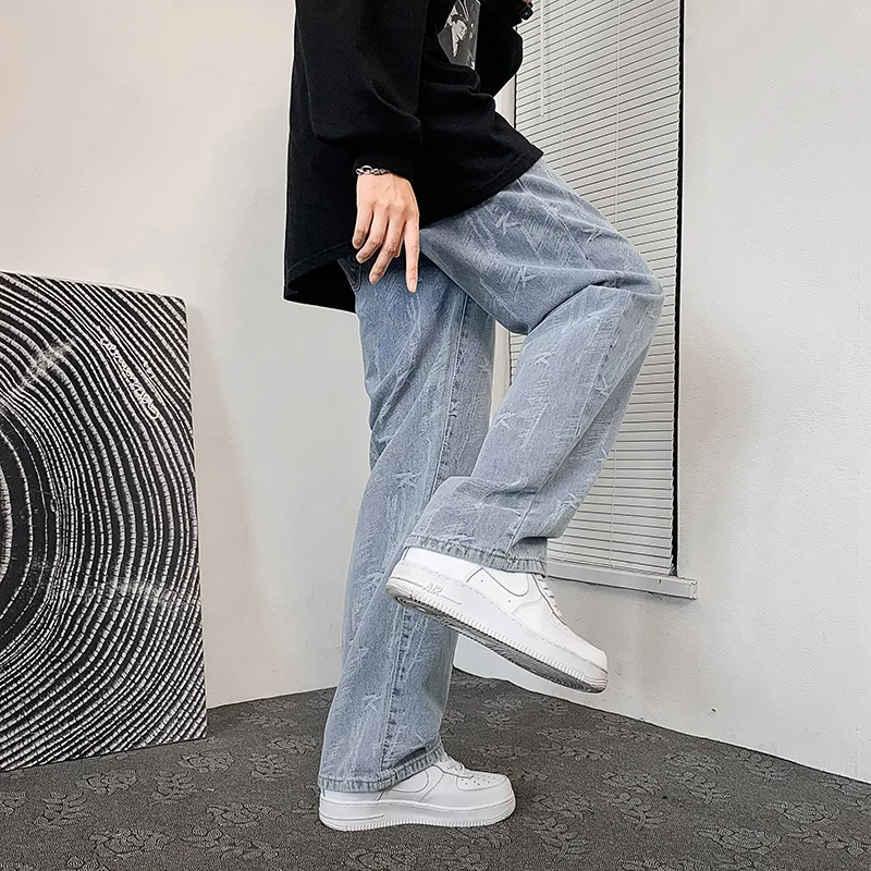 Summer Blue Black Jeans Men Fashion Retro Printed Jeans Men Streetwear Hip Hop Loose Straight Denim Pants Mens Trousers S-3XL