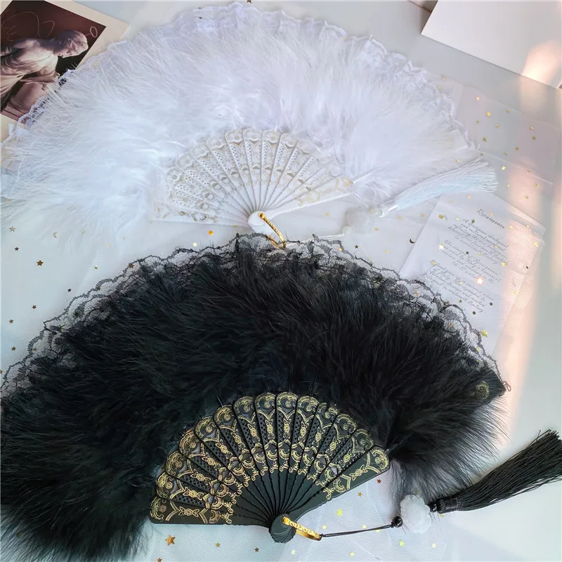 

Gothic style classical feather folding fan photo props retro style Japanese lace double-sided feather fan Chinese dance hand fan