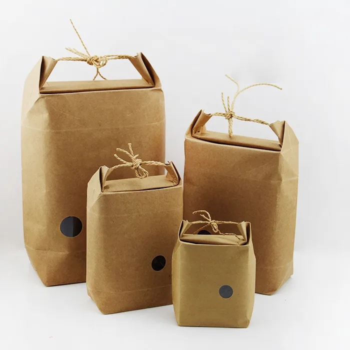 

10pcs Round Window Show Tea Package Box Rope Rice Box Handle Hand Poket Kraft Red Brown Paper Grain Storage moisture-proof Bag