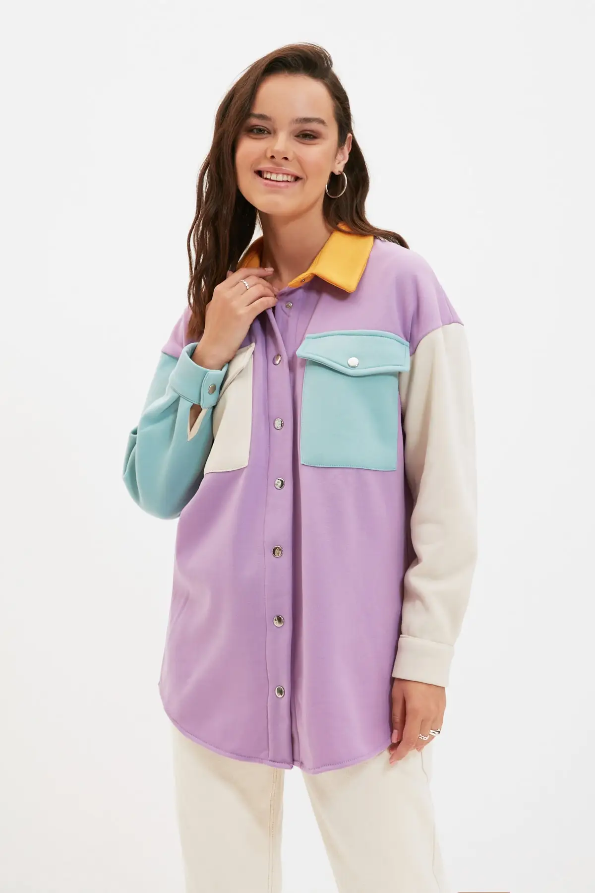 

Trendyol Shirt Collar Color Block Pocket Detail Knitted Coat TCTAW22CK0038