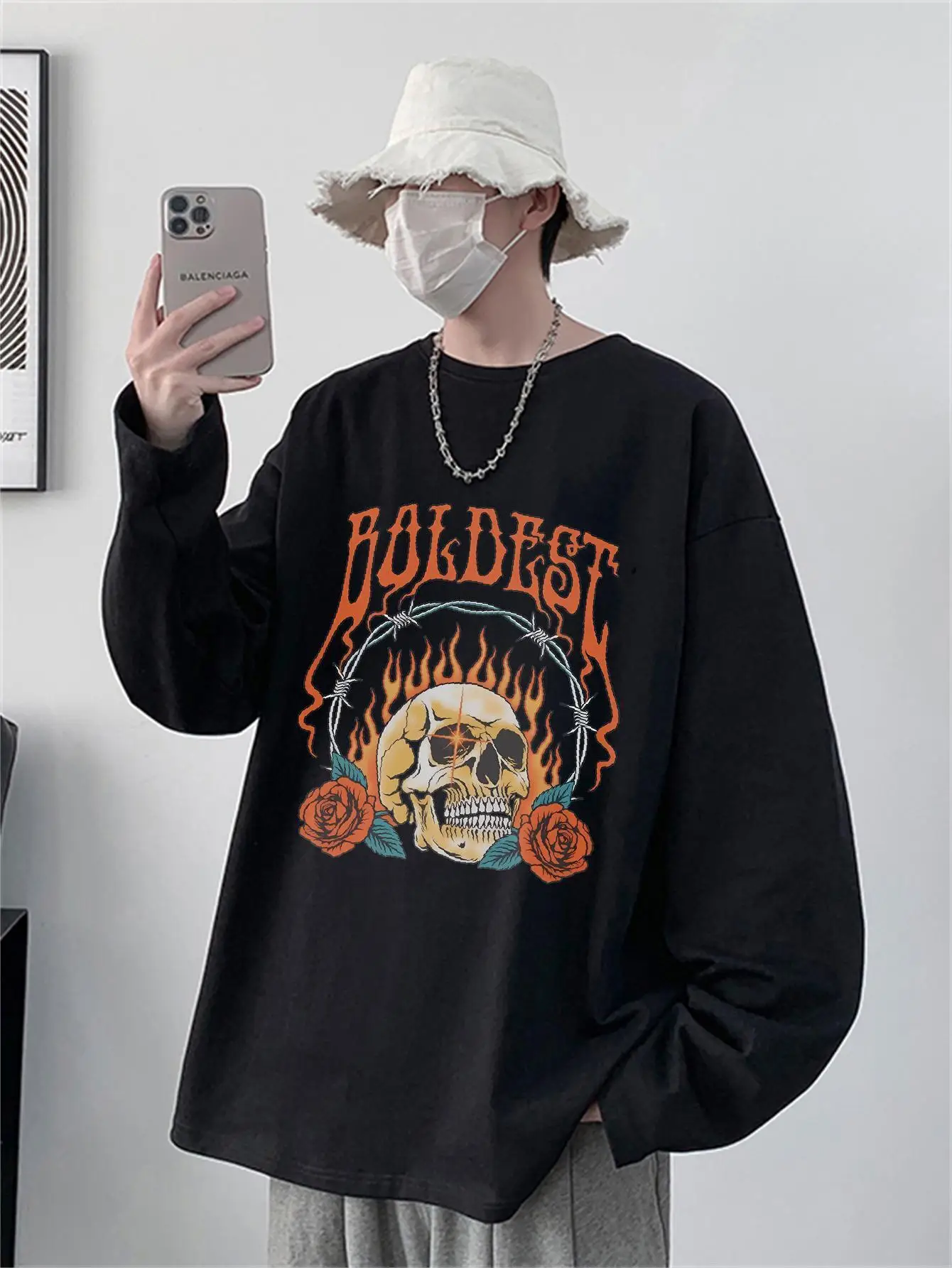 Футболка мужская с принтом огненного черепа в стиле Харадзюку хлопковая рубашка