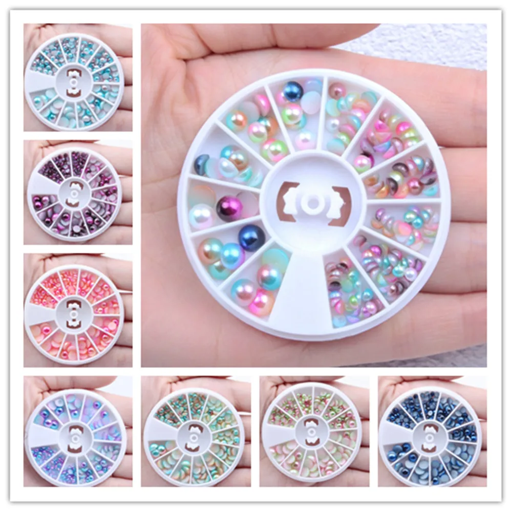 

Flat-bottomed pearl small round box decorated with mermaid gradient magic pearl semi-ball multi-color optional DIY nail jewelry