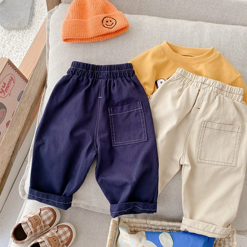 

Оригинальные Осенние повседневные брюки для маленьких мальчиков, однотонные прямые шаровары в корейском ретро-стиле для маленьких девочек