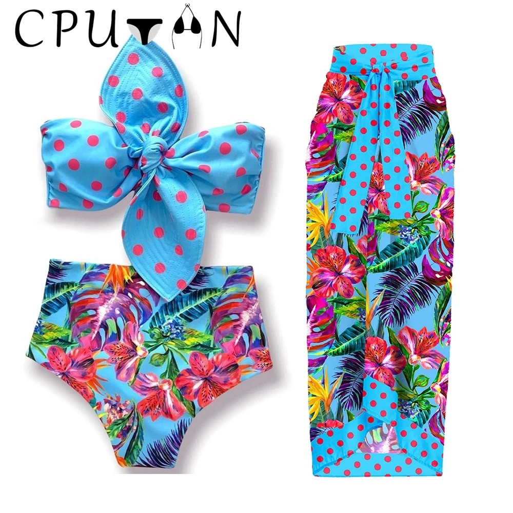 

CPUTAN 3 Piece Bikinis Set High Waist Biquini 2023 Women Swimwear Swimsuit Sexy 3D Flower Summer Beach Skirt Bathing Suit Dress