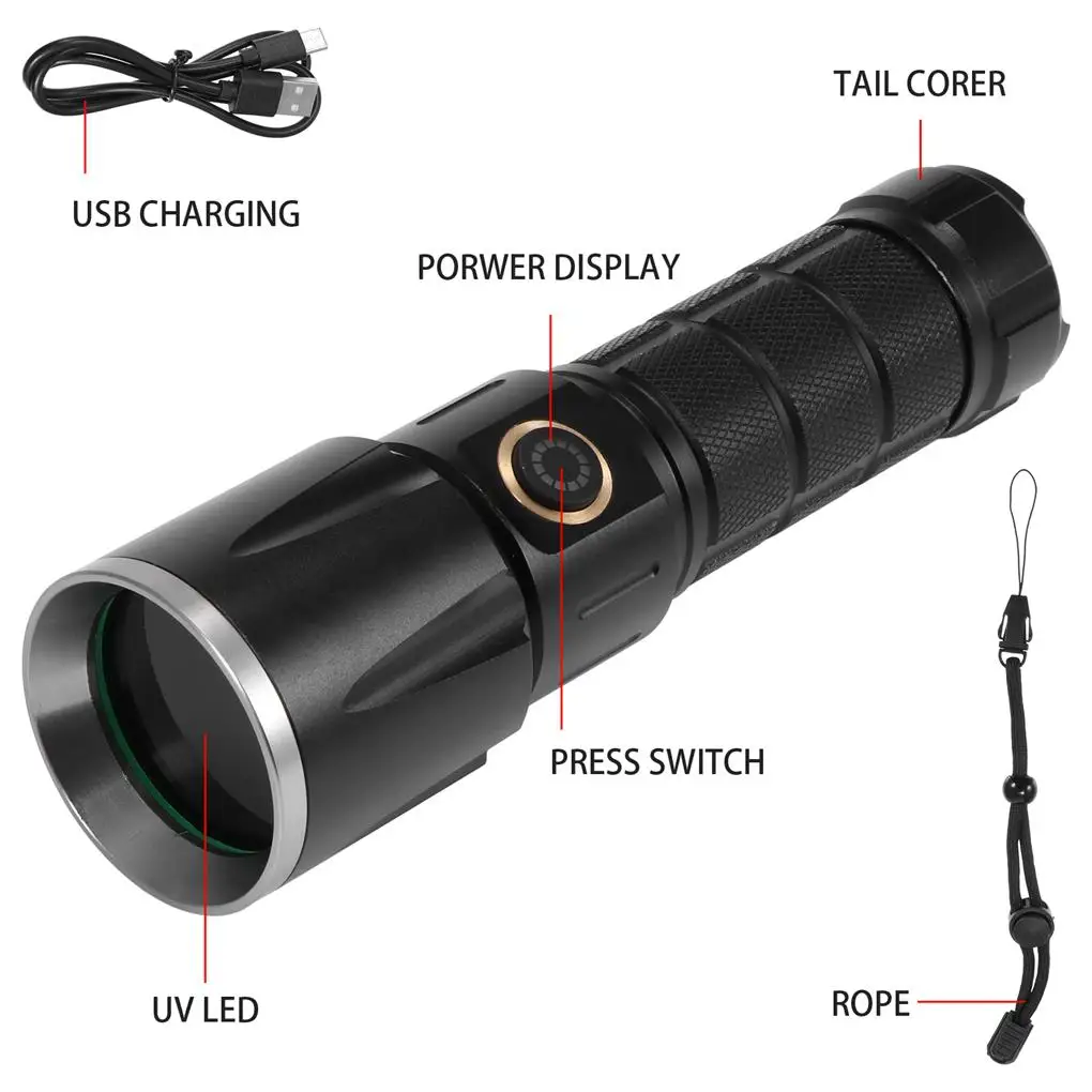 

LED Flashlight 15W 360-365nm Money Detector 18650 26650 Battery Torch with Rope Purple Light Outdoor Accessories Pet Dog