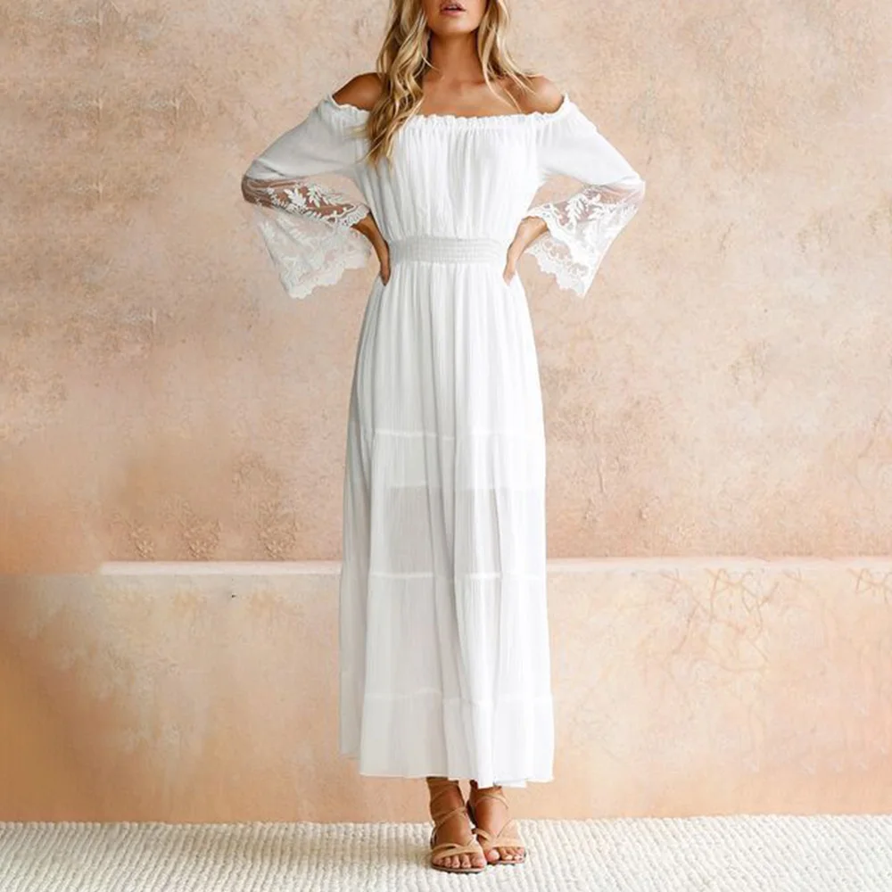 

2023 Long Boho Dress White Sexy Off The Shoulder Beach Sundress Flare Long Sleeve Splice Lace Women Dresses Summer Vestidos