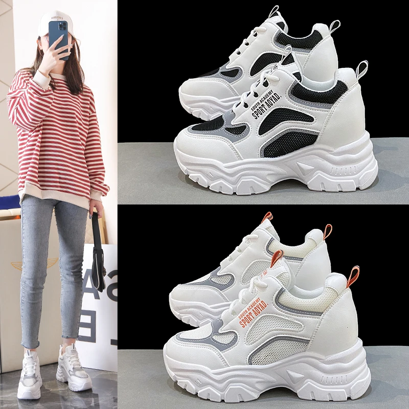 2023 Hidden High Heels Women's Sports Shoes Breathable Mesh Platform Sports Shoes Women's Mix and Match Elevated Casual Shoes