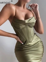 articat elegant spaghetti strap skinny midi dresses women pile collar backless ruched dress female green holiday prom vestidos