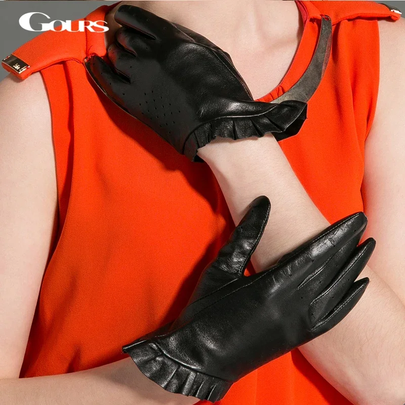 GOURS Winter Real Leather Gloves Women Brown Genuine Goatskin Thin Lining Warm Soft Driving Fashion Laciness New GSL021