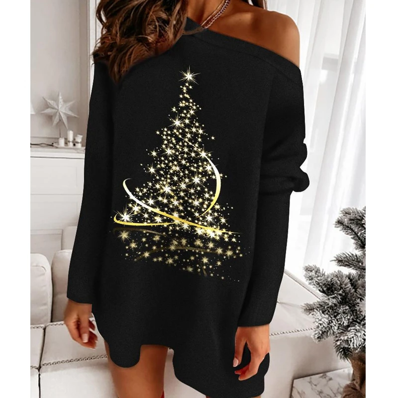 

Spring Dress Women's Sexy Printed Off-Shoulder Pullover Dress Women's Fashion Long Sleeve Loose Slash Neck Mini Dress