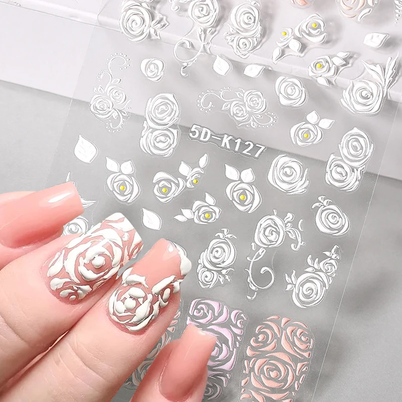 

5D Nail Stickers White Acrylic Engraved Embossed Flower Lace Butterfly Wedding Nail Art Designs Decoration For Manicures