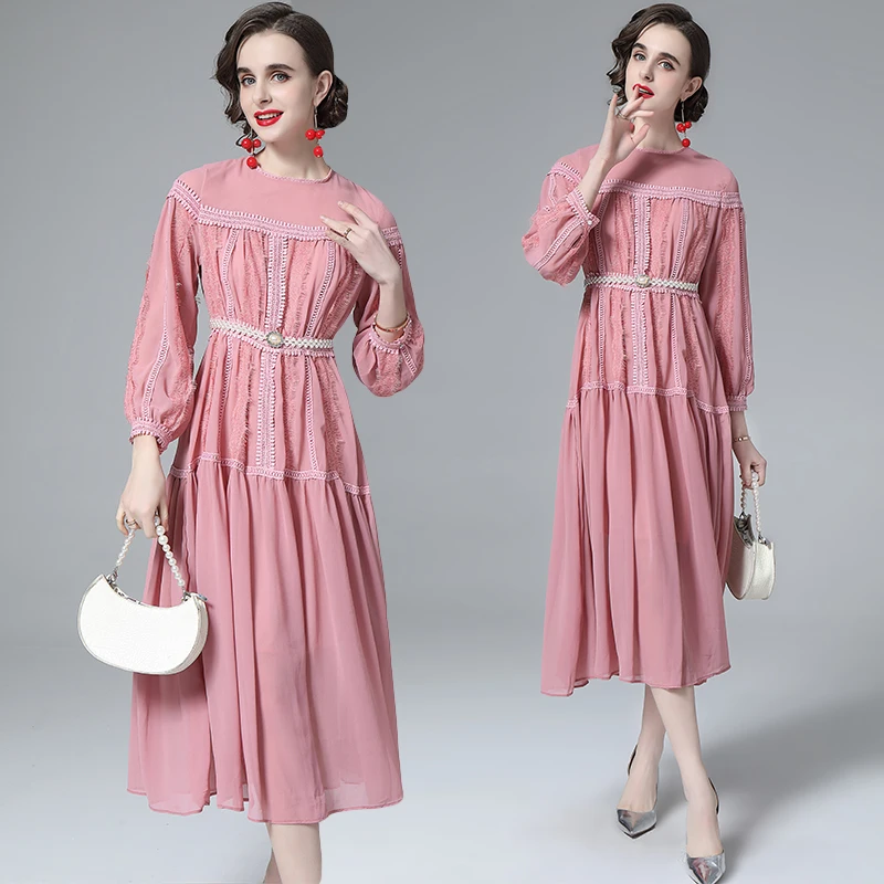 

2022 Spring Runway Lace Stitching Embroidery Chiffon Dress Women Long Sleeve Elegant Pink Party Vestidos With Pearls Belt