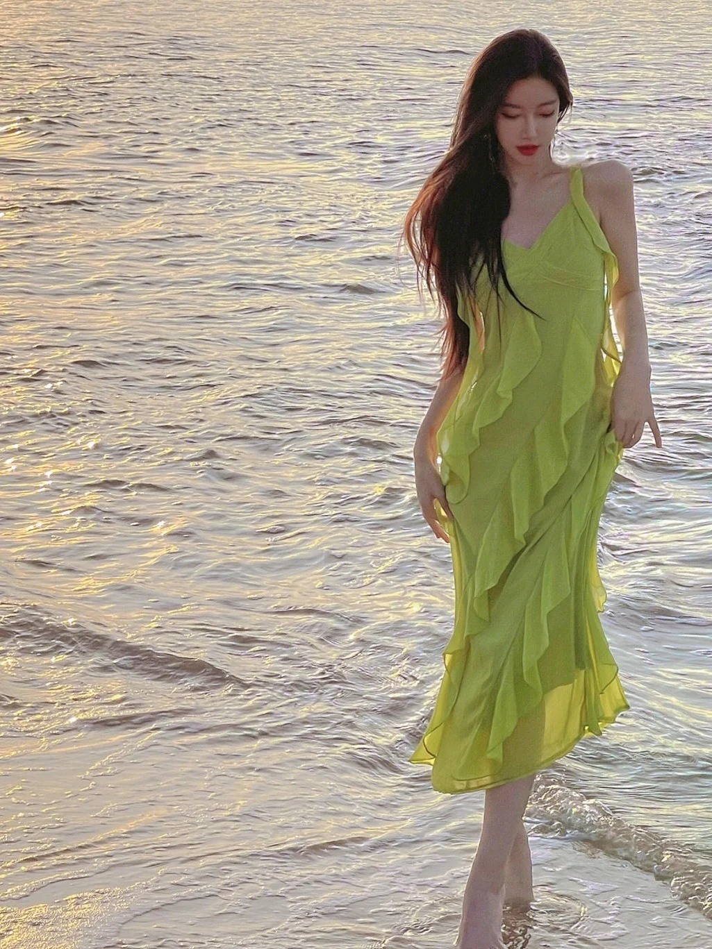 

Туристическая одежда для фотографии, французская пляжная юбка, женское пляжное платье для отпуска, супер сказочное Зеленое Длинное Летнее платье на бретелях
