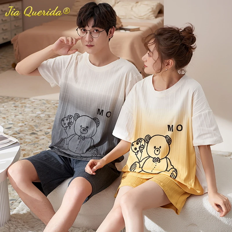 

New Summer Young Couple Pajamas Set Soft Cotton Fashion Kawaii Bear Printing Gradient Sleepwear for Youth Lovers Loose Nightwear