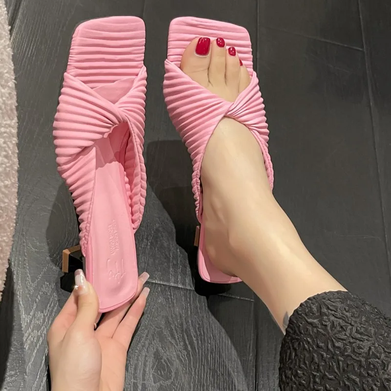 

Women Slippers Mid Heels Fashion Open Toe Party Shoes 2023 New Summer Trend Dress Flip Flops Sandals Zapatillas Mujer Slides