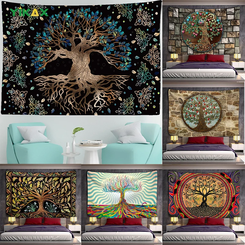 

Tapestry Wall Hanging Tree of Life Mushroom Forest Bohemian Psychedelic Fairy Tale Castle Skeleton Dormitory Modern Home Decor