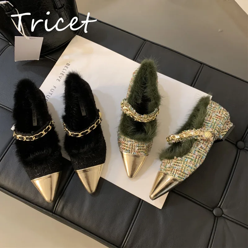 

Женские туфли с цепочкой и острым носком, на низком каблуке