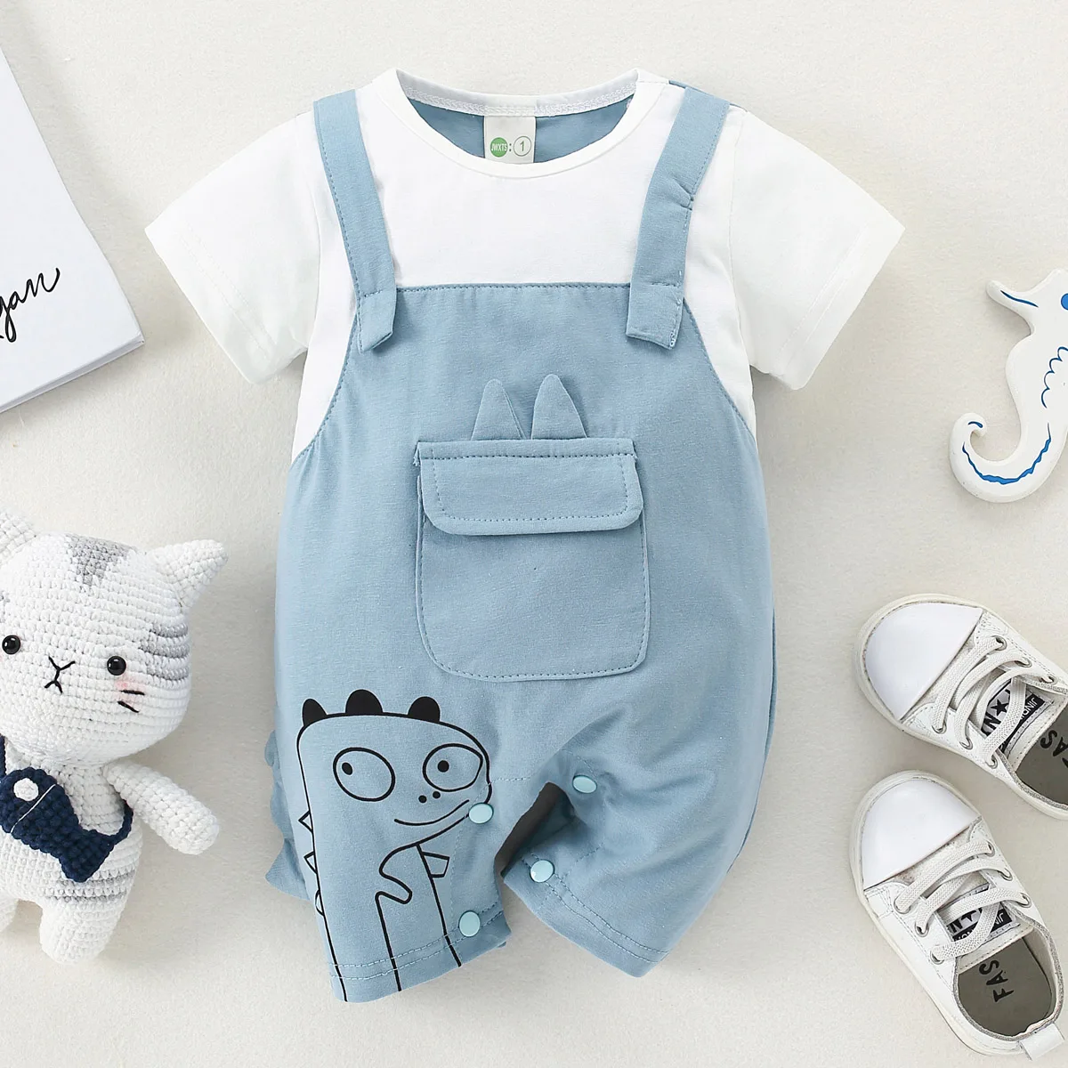 

Hibobi Baby Boy Dinosaur Element Fake Two-piece Strap Bodysuit