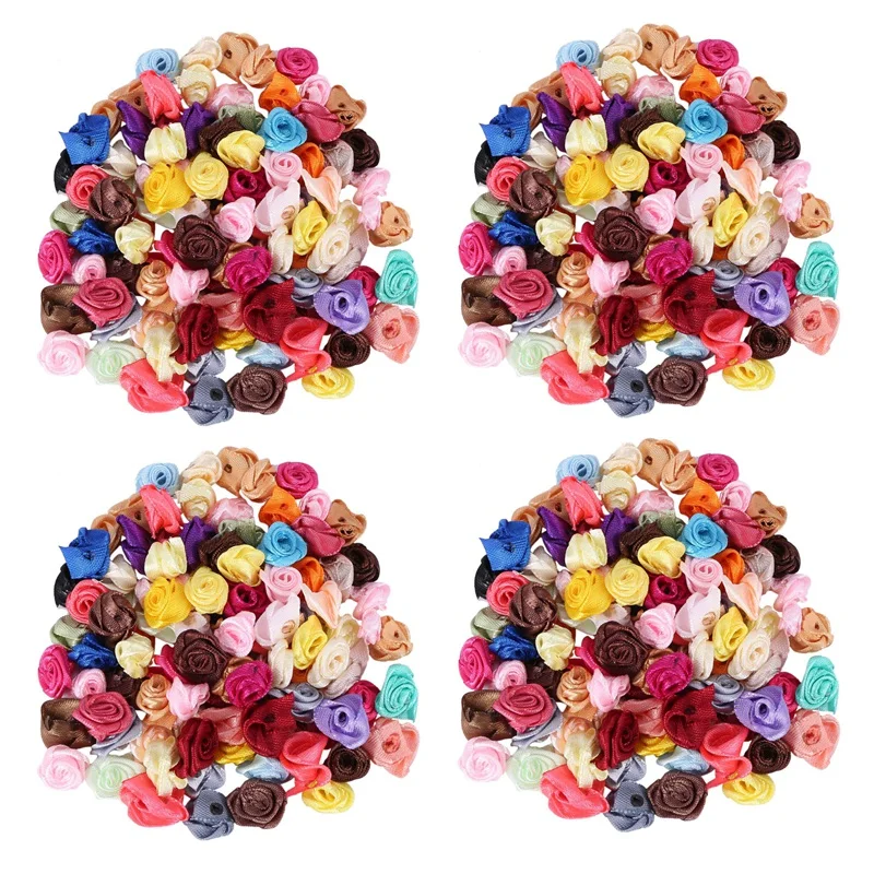 

400PCS/Lot Mini Handmade Satin Rose Ribbon Rosettes Fabric Flower Appliques For Wedding Decoration Craft Accessories