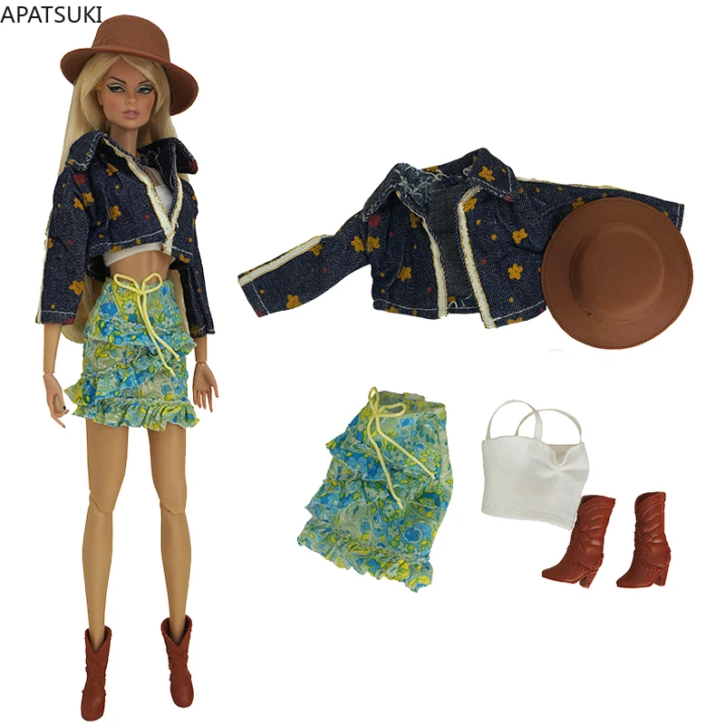 

Cowboy Fashion Doll Outfits For Barbie Coat Jacket Top Green Hat Shoes Toys for Barbie Doll Clothes Set 1/6 Dolls Accessories