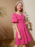 teen girls ruched puff sleeve flare dress