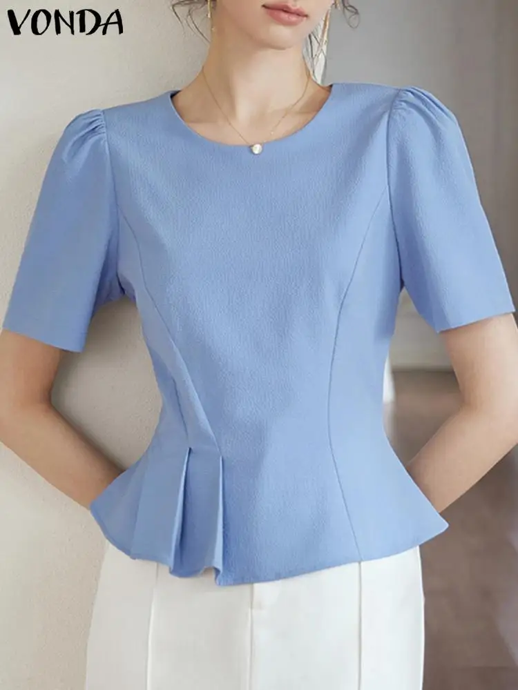 

VONDA Fashion Tops Office Blouse 2023 Women Elegant Short Puff Sleeve Summer Shirts Solid Ruffled Casual Tunic Blusas Femininas