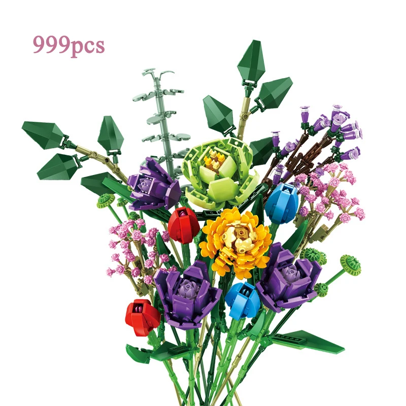

Valentine's Day Bouquet Building Blocks Home Furnishing Bonsai Plant Romantic Rose Flower Model DIY Assembled Brick Girl Gift