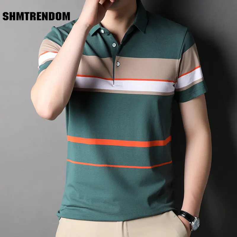 

SHMTRENDOM Summer Male Polo Shirts High Quality Short Sleeve Cotton Casual Mens Polo Shirts Fashion Striped Simple Man Tees 3XL