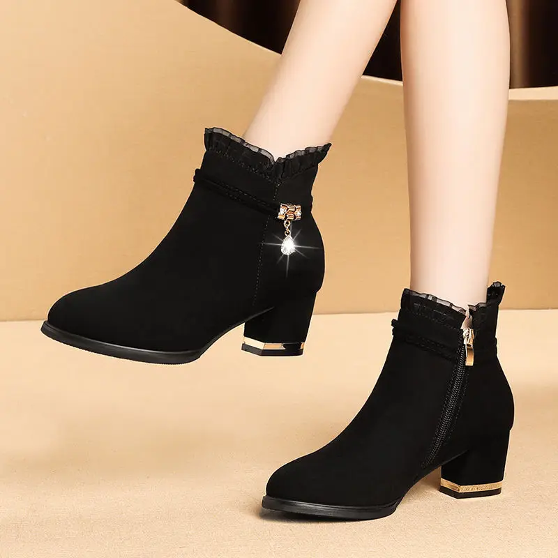 

winter suede short boots thick heel women's Chelsea boots sexy lace wild side zipper nude boots womens shoes